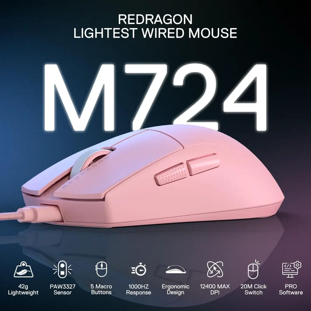 Mouse USB Redragon K1NG 1K Rosado  USB-C a USB-A 12,400DPI M724P 2.0 (6).webp