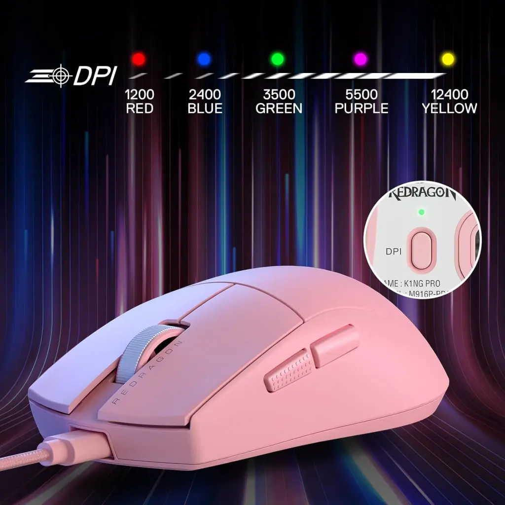 Mouse USB Redragon K1NG 1K Rosado  USB-C a USB-A 12,400DPI M724P 2.0 (3).webp