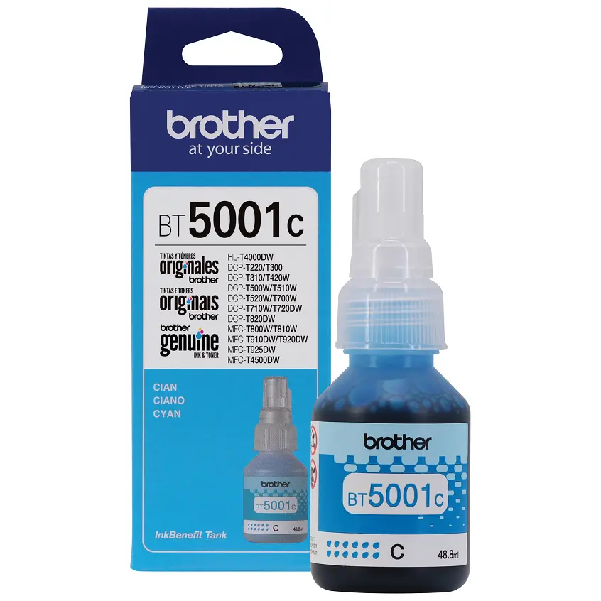 Bote de Tinta Brother BT5001C CYAN 48.8ML HL-T4000DW DCP-T300/310/500W/510W/700W/710W MFC-T800W/810W/910DW/4500DW