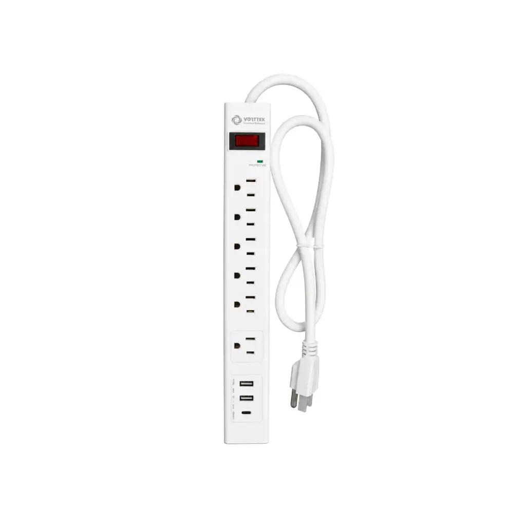 Regleta y Supresor de Picos Vorttek VK-SP6S001 6 Tomas + 2 USB + 1 USB-C 