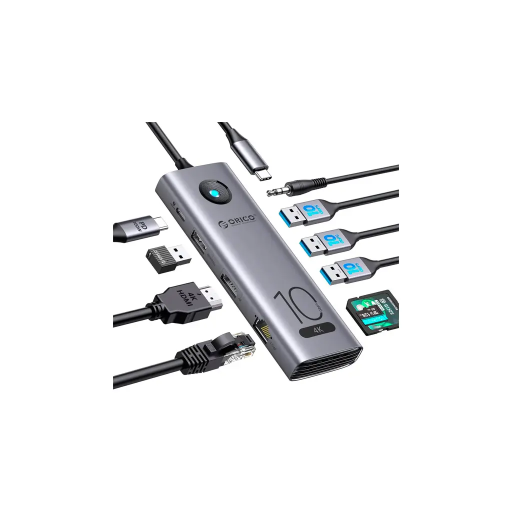 Adaptador USB-C a 4USB 3.0/HDMI 4K/3.5mm/PD/RJ45 10 in 1 Orico CX10-10P-GY-BP