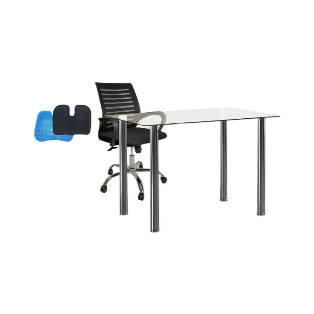 Mesa de Vidrio Patas de Metal 1010202312 Transparente/Aluminio + Silla para Oficina con Malla Vorttek 892 Plastica + Cojin De Gel Ergonomico