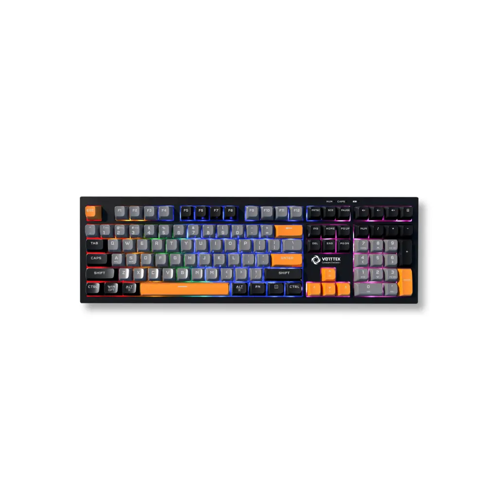 Teclado Inalambrico/Bluetooth/USB Gamer Vorttek KB708 Gris Naranja RGB Ingles Extendido con numerico