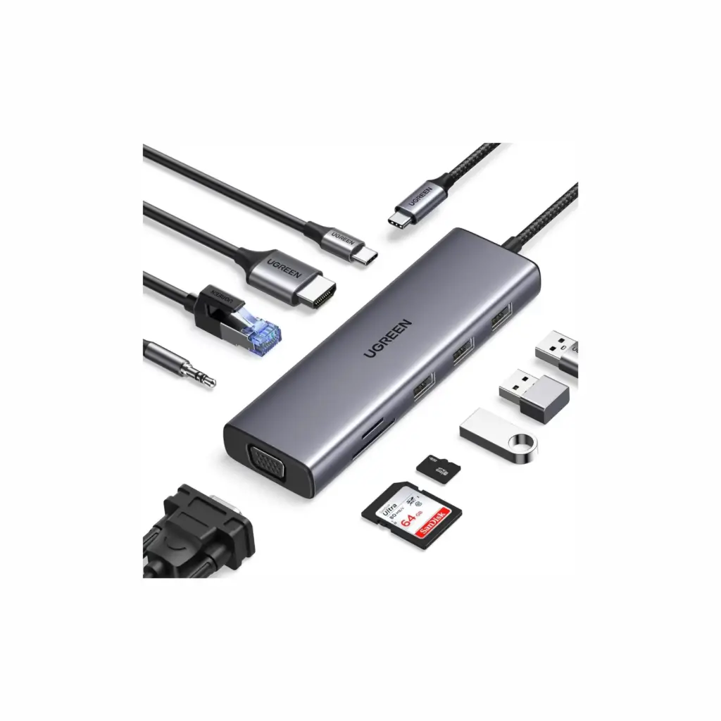 Adaptador USB-C a 3XUSB 3.0/HDMI 4K/VGA/RJ45/3.5mm/PD/TF Ugreen 15601