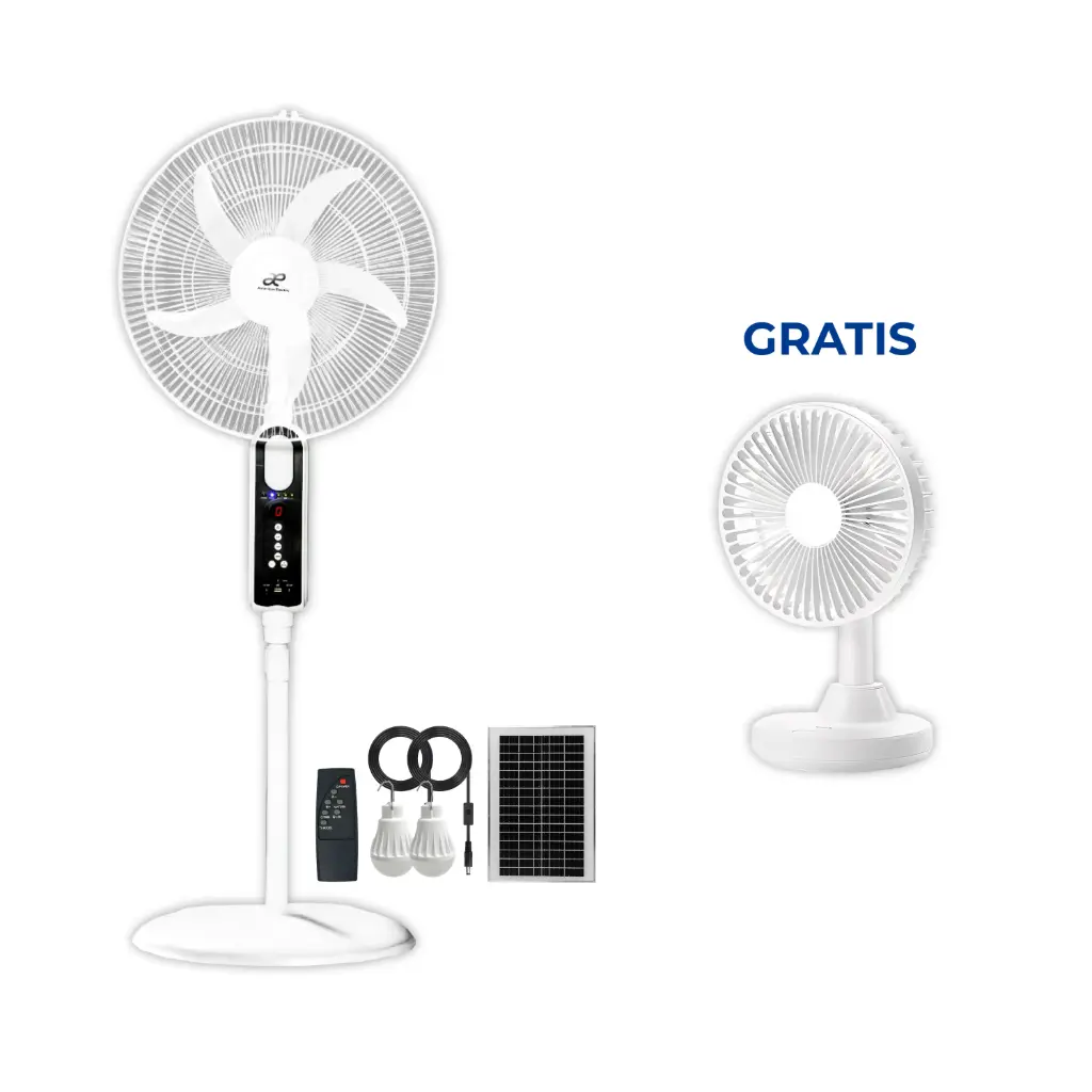 OFERTA ABRIL 2026 20 - Ventilador de Pedestal American Electric Recargable AE-5618 + Panel Solar +Bateria LiPo4 12.8V 6A+ 2 Focos + Control Remoto 18' GRATIS Ventilador de Escritorio Recargable PHIXERO YT-N1-WH-BP Blanco  