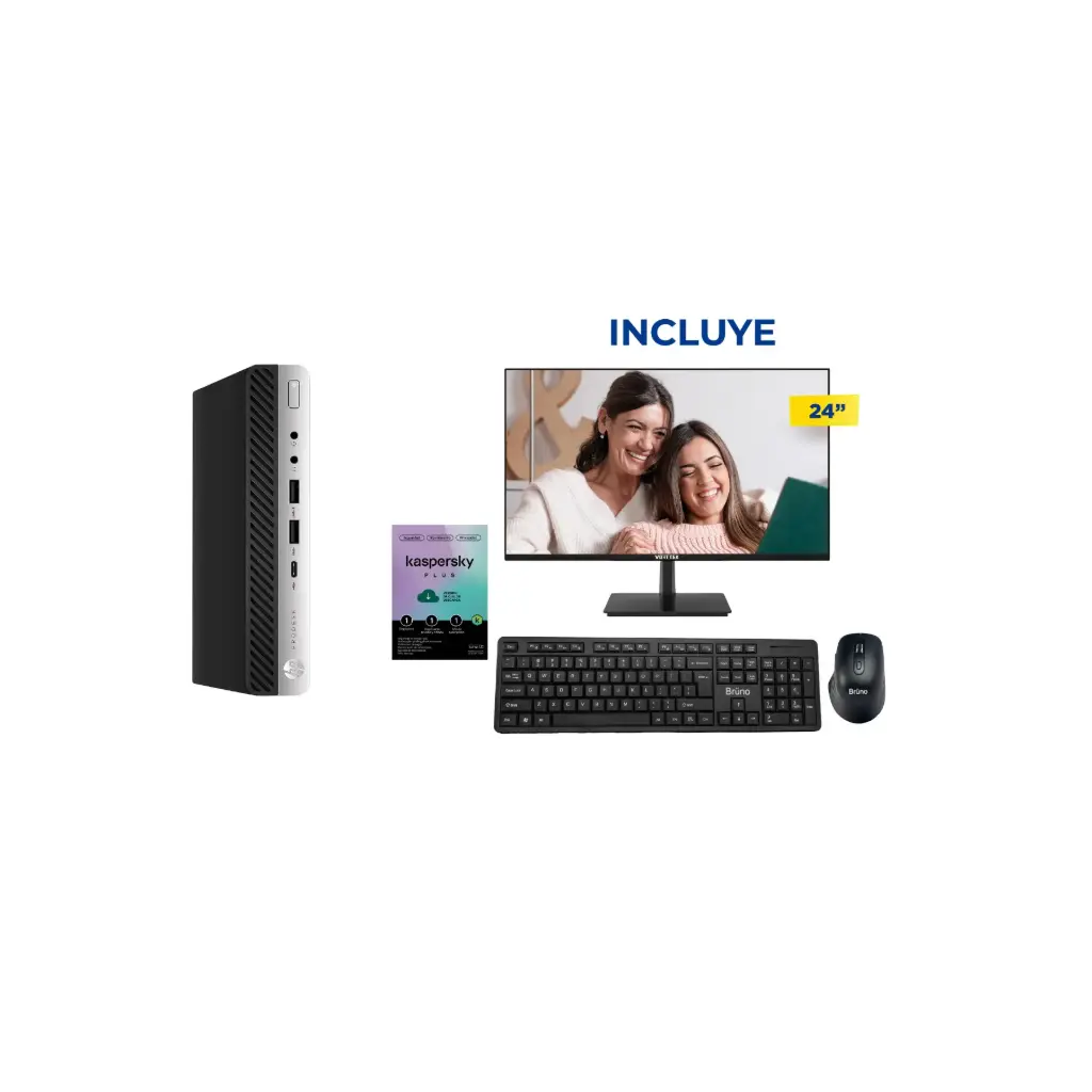 OFERTA JUNIO 2026 - Compu HP ProDesk 600 G4 mini i5-8ava + Kaspersky Plus + Monitor LED 24 + Kit de Teclado y Mouse Inalambrico