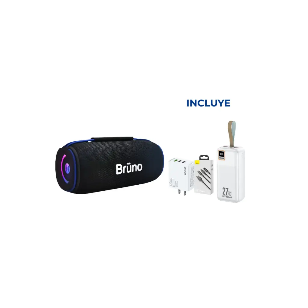 OFERTA JUNIO 2026 - Parlante Bluetooth Bruno BRS272 + Power Bank WP-96 + Cargador WP-U63 + Cable USB CAMLTWJ-01