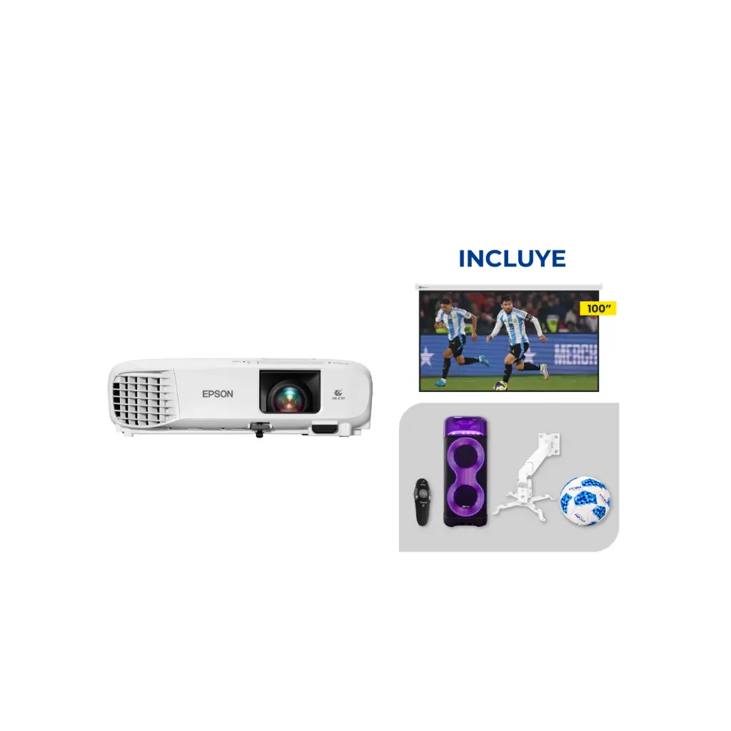 OFERTA MUNDIAL 2026 | Proyector EPSON 118 + Pantalla KPS-313 + Parlante BR-665 + Bracket para Proyector + Puntero VK-13000 + Balon de Futboll Sycom