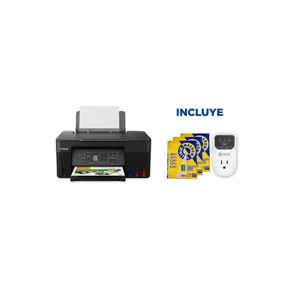 OFERTA JULIO 2026 - Impresora Canon G3170 Multifuncional + Resma de Papel Bond Carta + Protector de Voltaje VS11020A 120V