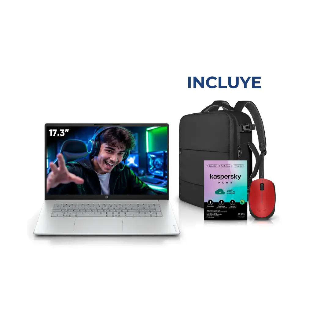 Laptop HP OmniBook 3 17.3" | Intel Core Ultra 7-255U | 16 GB RAM | SSD 512GB | W11 | D7NF3UA#ABA + Mochila + Kaspersky + Mouse 
