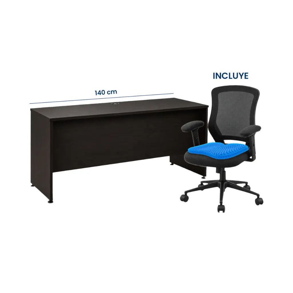 Escritorio para Oficina 140 | 1400 x 700 x 740 | Melamina Cafe Oscuro + Silla + Cojin 